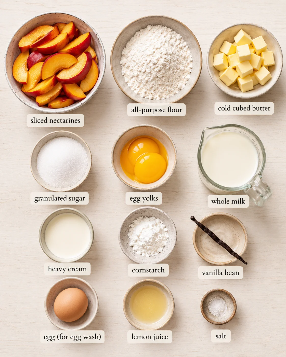 Fresh ingredients for nectarine galette with vanilla custard including nectarines and butter