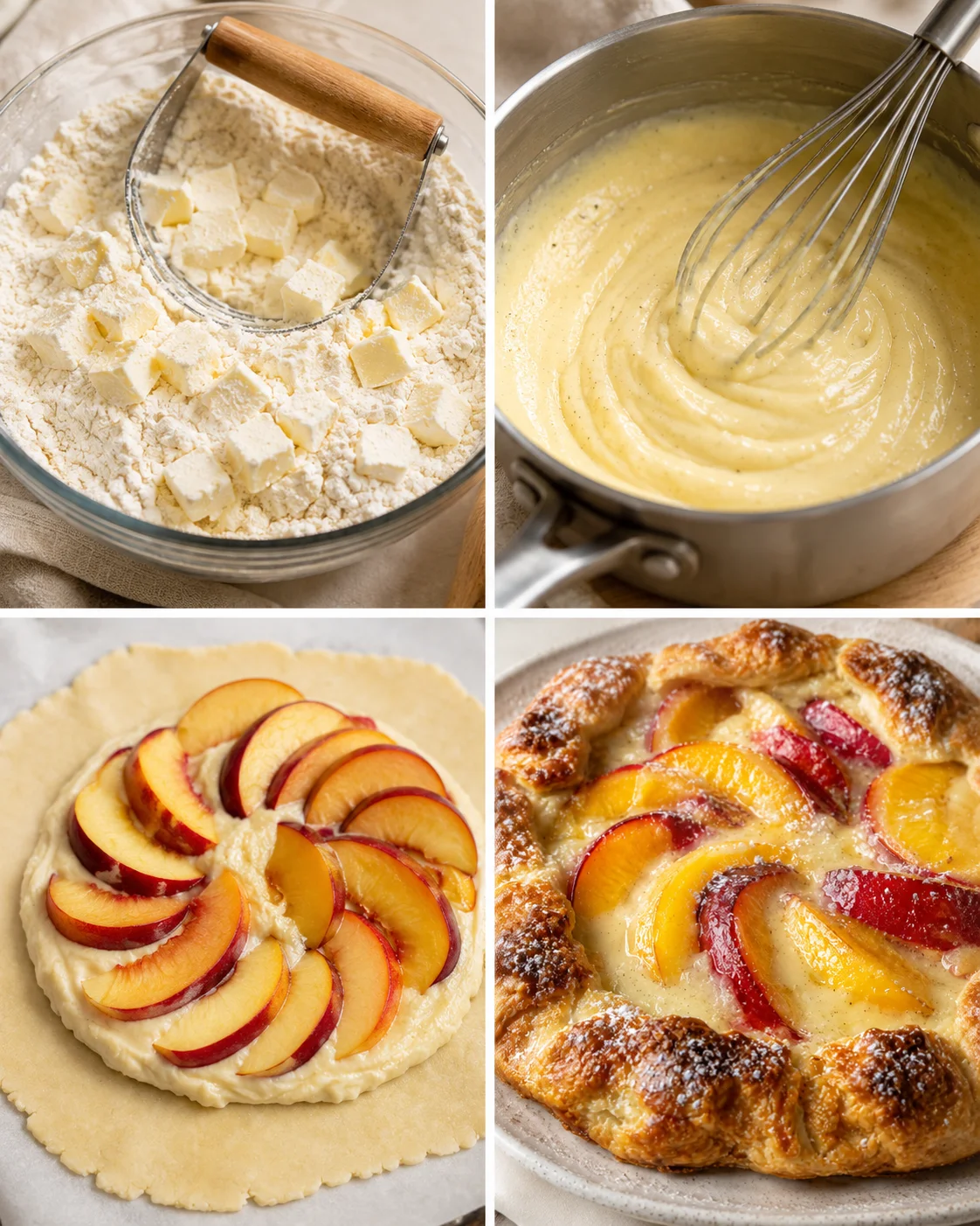 Step-by-step images of making a nectarine galette with custard, from dough to baked dessert.