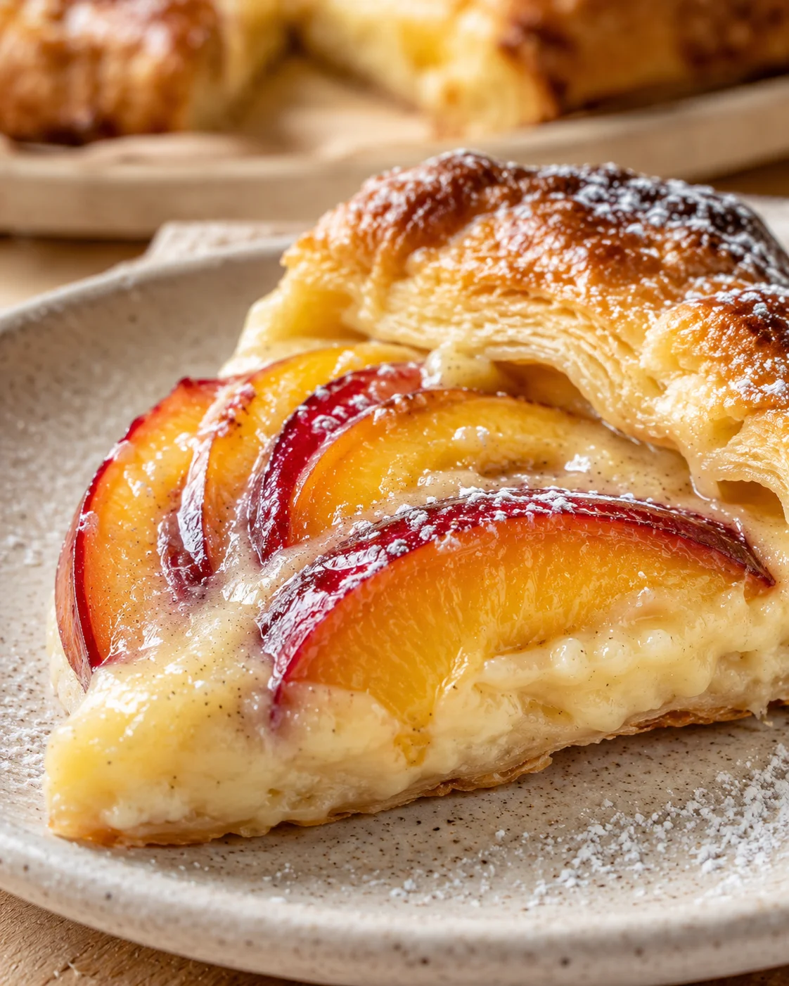 Close-up of a slice of nectarine galette with creamy vanilla bean custard on a plate.