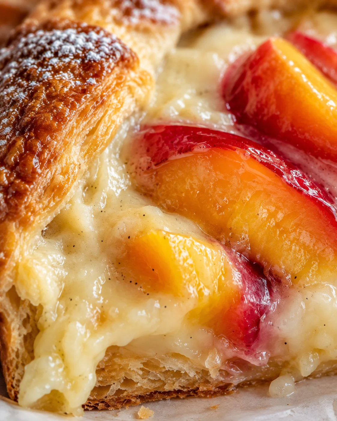 Close-up of a homemade nectarine galette with creamy vanilla bean custard filling