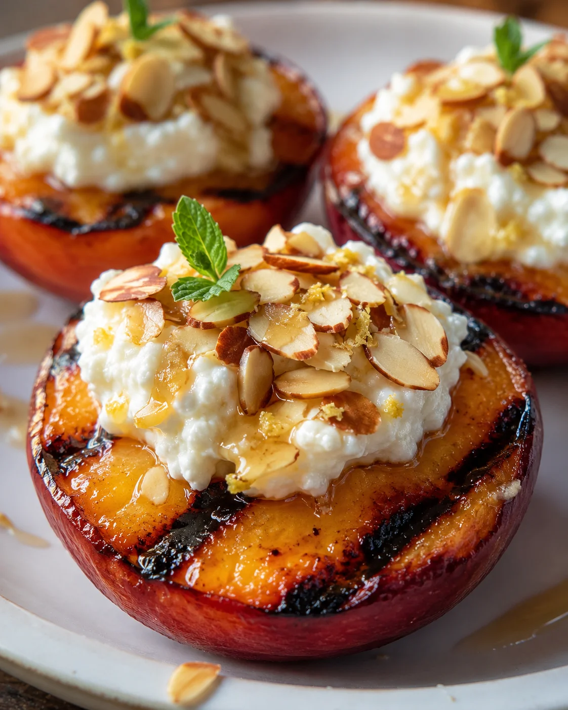 Grilled Nectarine Halves with Honey Ricotta Close-up of grilled nectarines topped with honey ricotta and toasted almonds.