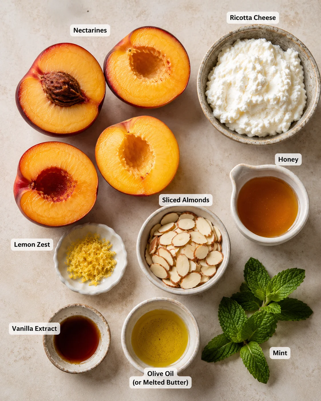 Grilled Nectarine Halves with Honey Ricotta Fresh nectarine halves grilled with honey ricotta and toasted almonds on a neutral background