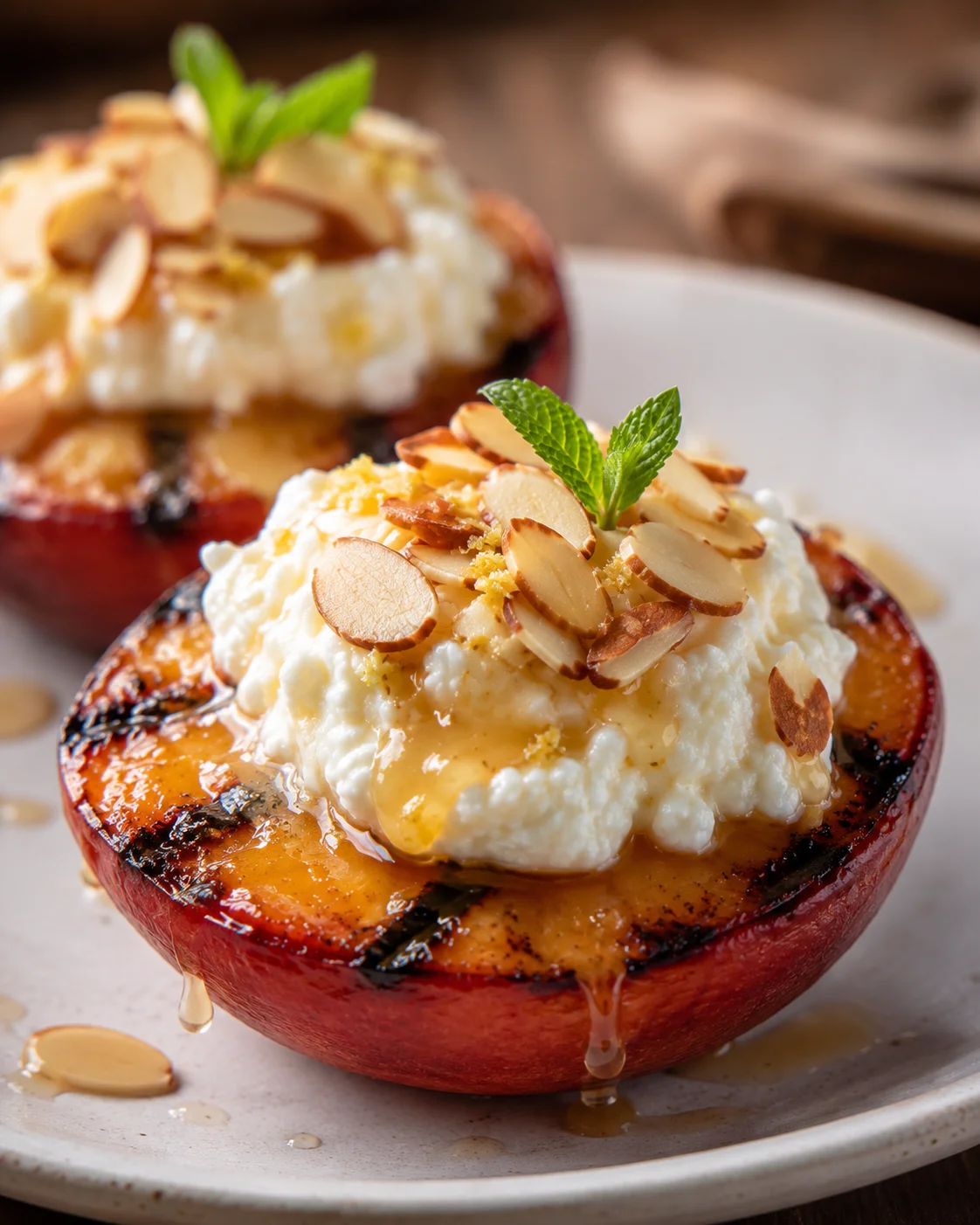 Grilled Nectarine Halves with Honey Ricotta Close-up of grilled nectarine halves topped with honey ricotta and toasted almonds