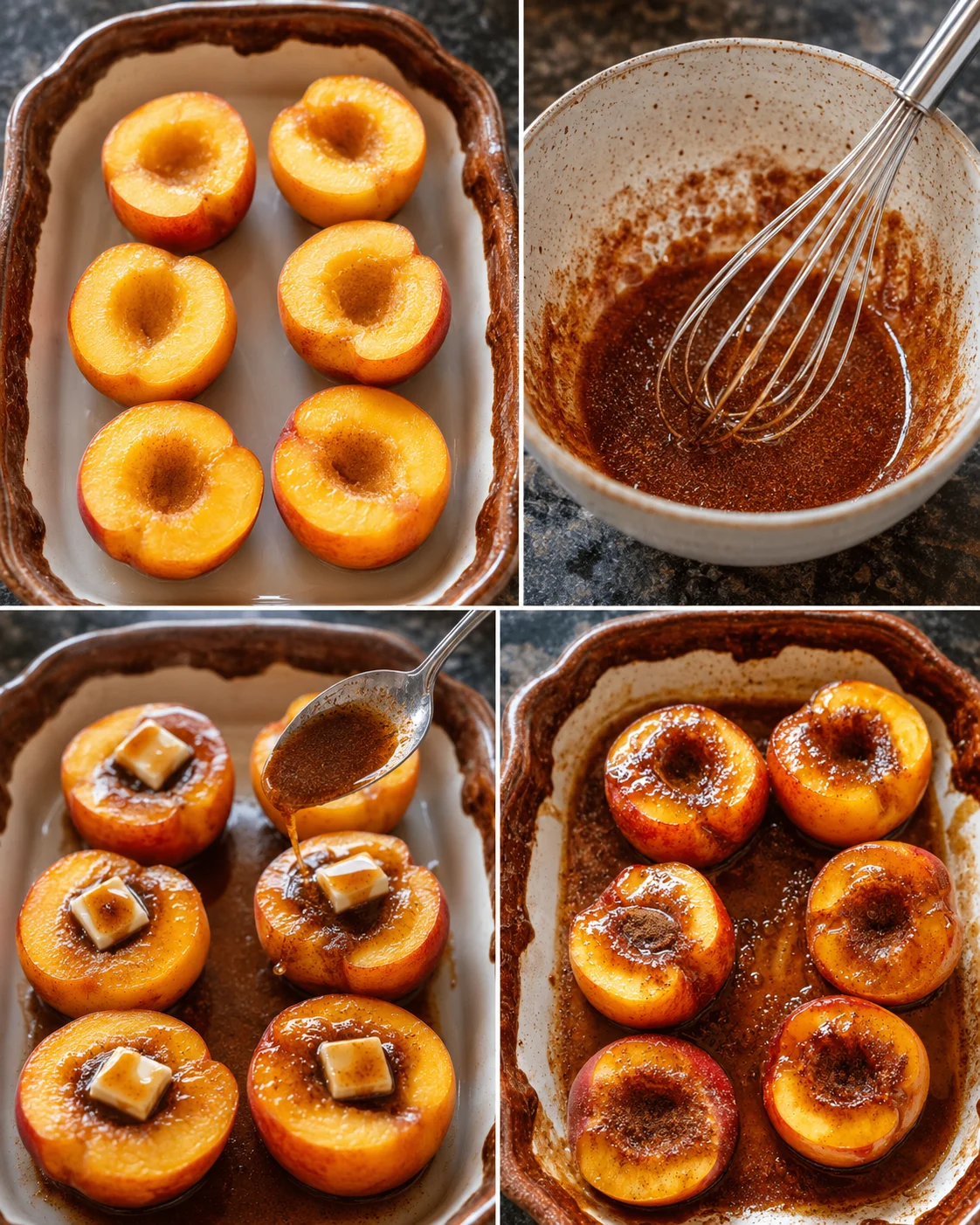 Juicy baked nectarines topped with warm cinnamon honey sauce, ready to serve with ice cream.