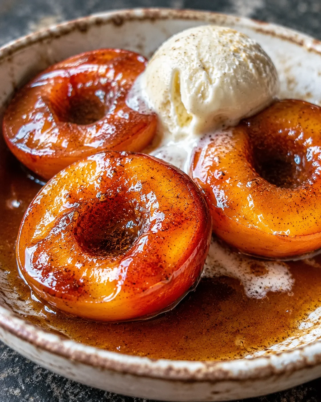 Juicy baked nectarines topped with warm cinnamon honey sauce and a scoop of vanilla ice cream.
