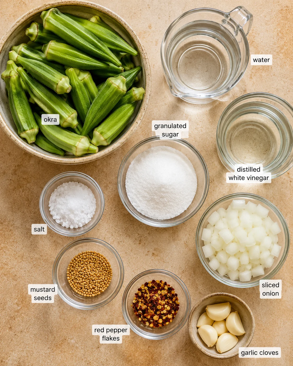 Sweet-Heat Pickled Okra Fresh okra pods and pickling ingredients for a spicy, sweet, and tangy relish