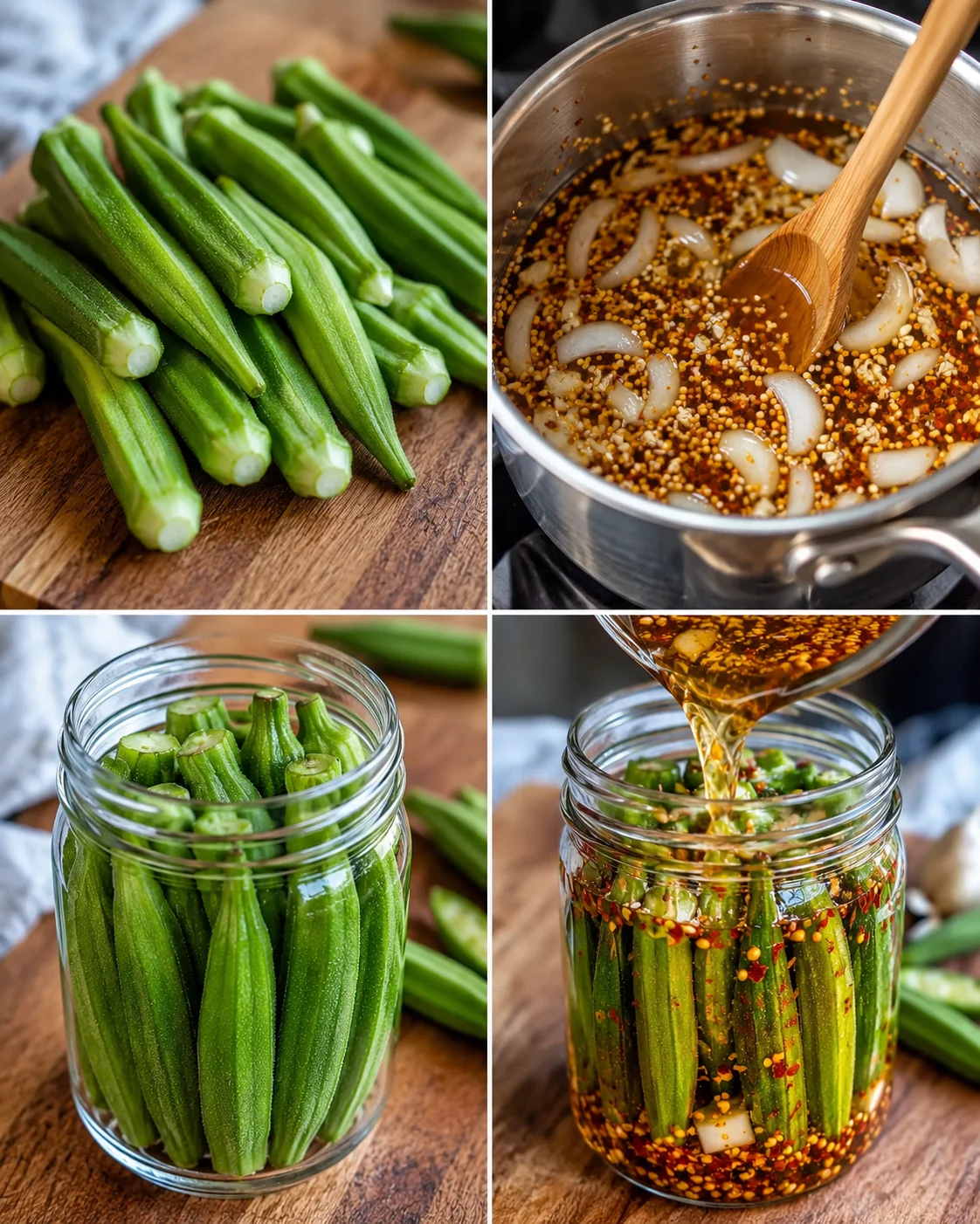 Sweet-Heat Pickled Okra Fresh okra pods with a tangy, spicy brine in a saucepan, ready to be pickled.