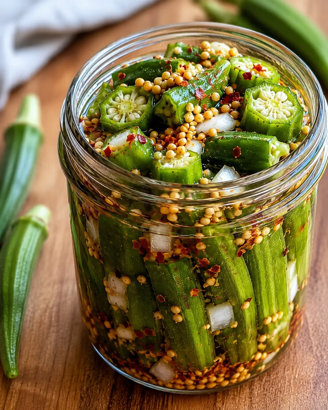 Sweet-Heat Pickled Okra A jar filled with crunchy pickled okra slices and spices with fresh okra nearby.