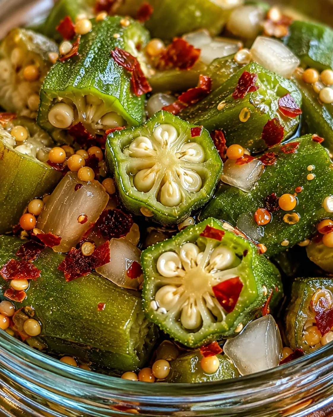 Sweet-Heat Pickled Okra Close-up of vibrant green okra pods with spices and brine droplets.