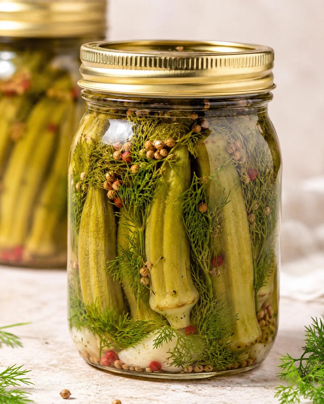 Jar of fresh, crunchy pickled okra with dill and spices inside.