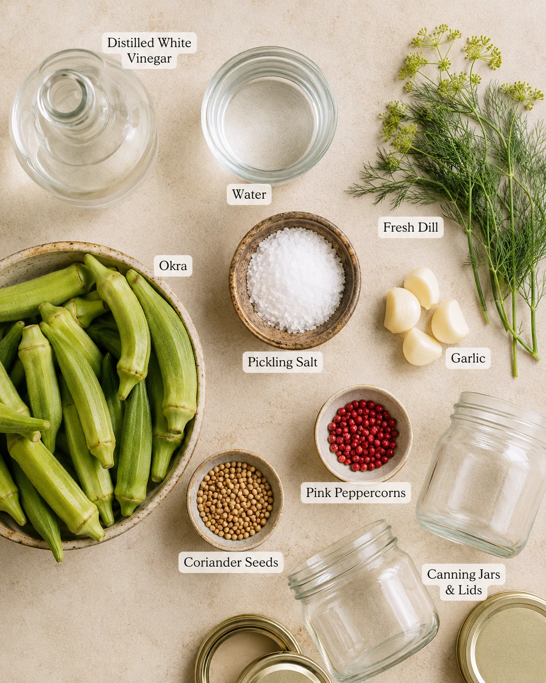 Ingredients for making crispy pickled okra including fresh okra, garlic, dill, and vinegar.