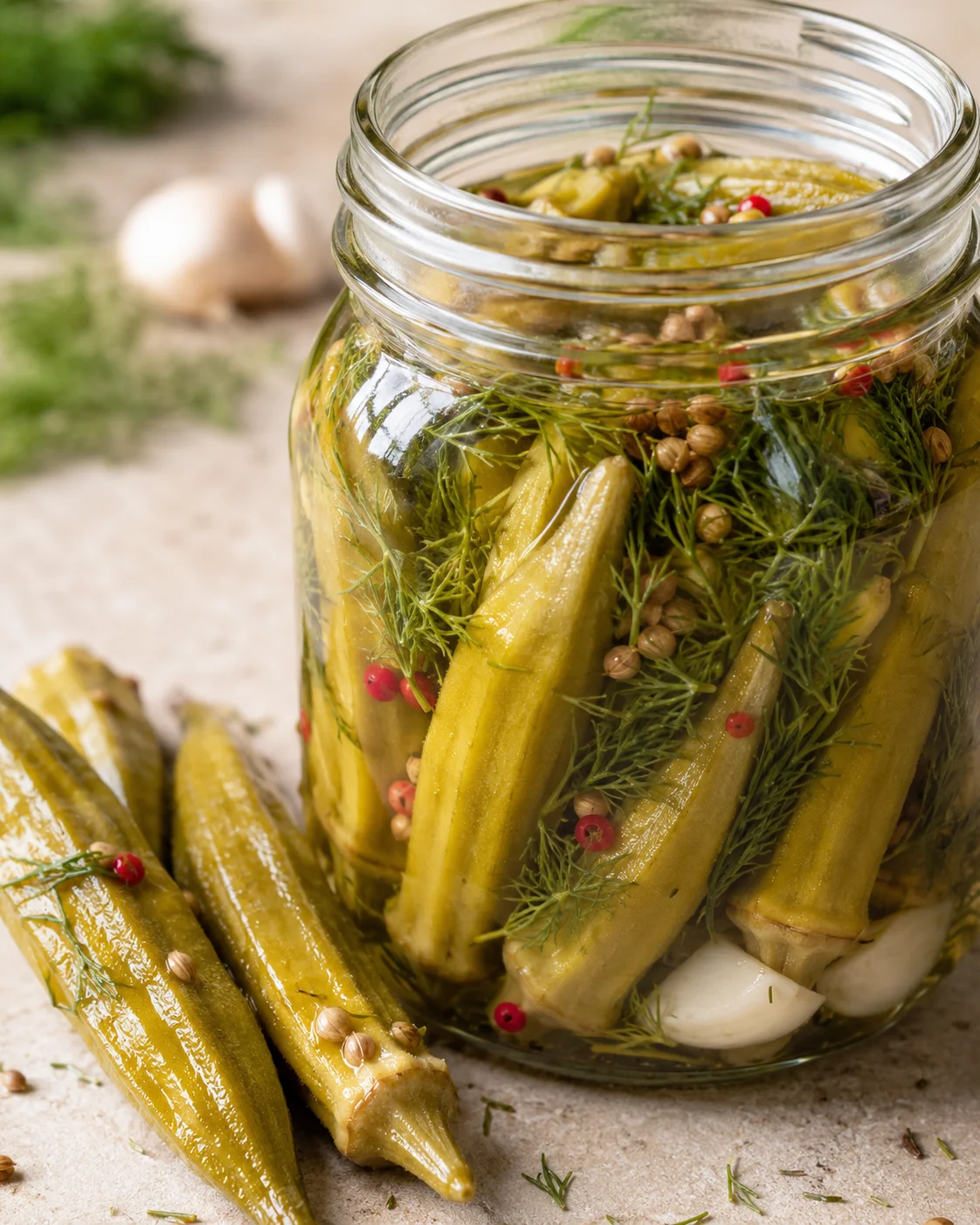 Fresh okra pods immersed in brine with herbs and spices for pickling.
