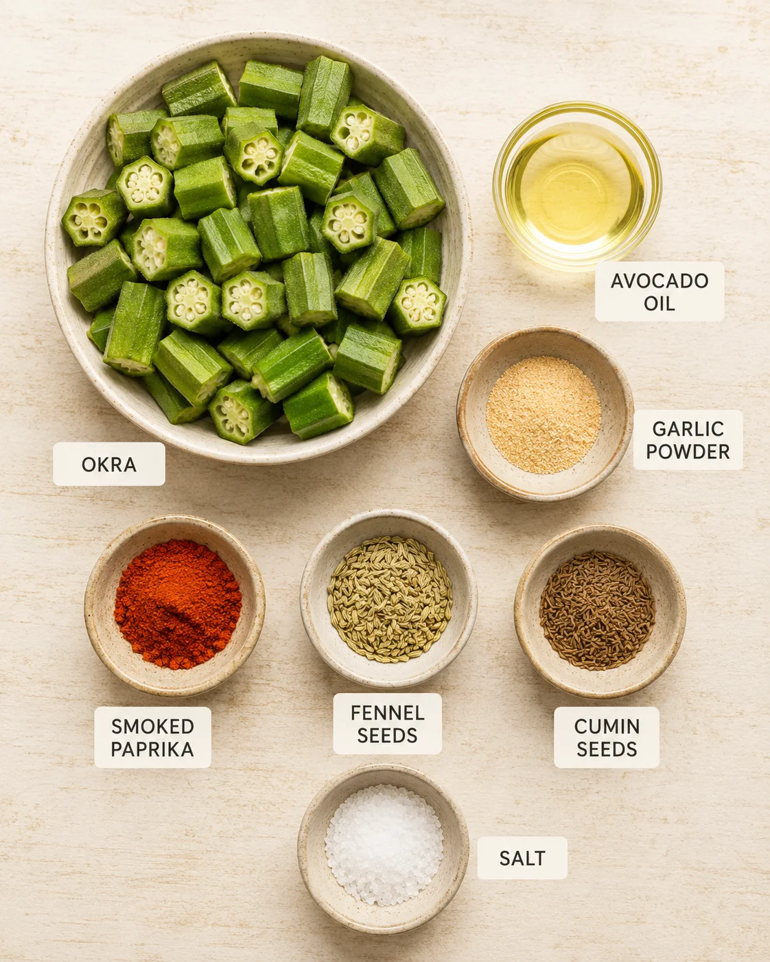 Fresh chopped okra with spices and oil ready for roasting, on a light surface.