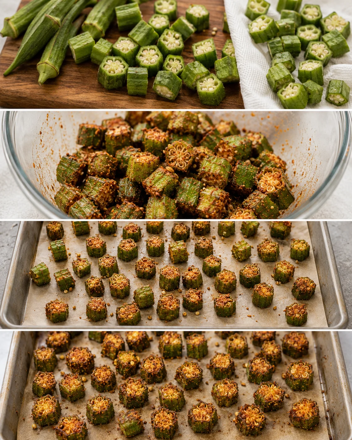 Fresh okra slices before roasting, ready for a smoky, crispy side dish.