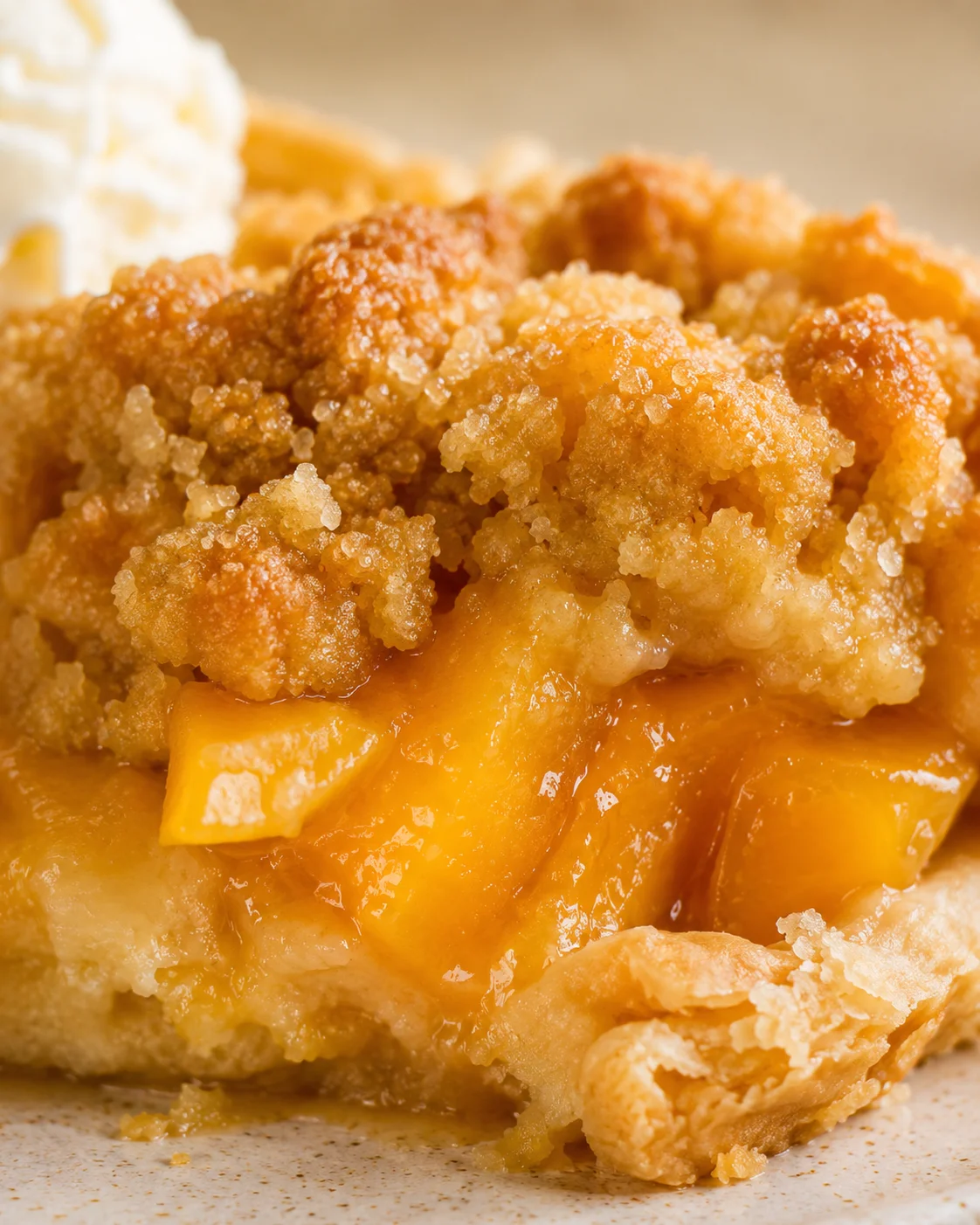 Close-up of a slice of peach custard pie with golden crust and juicy filling