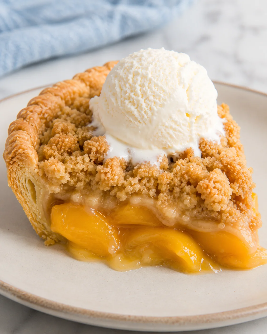 A slice of peach pie topped with a scoop of vanilla ice cream on a white plate.