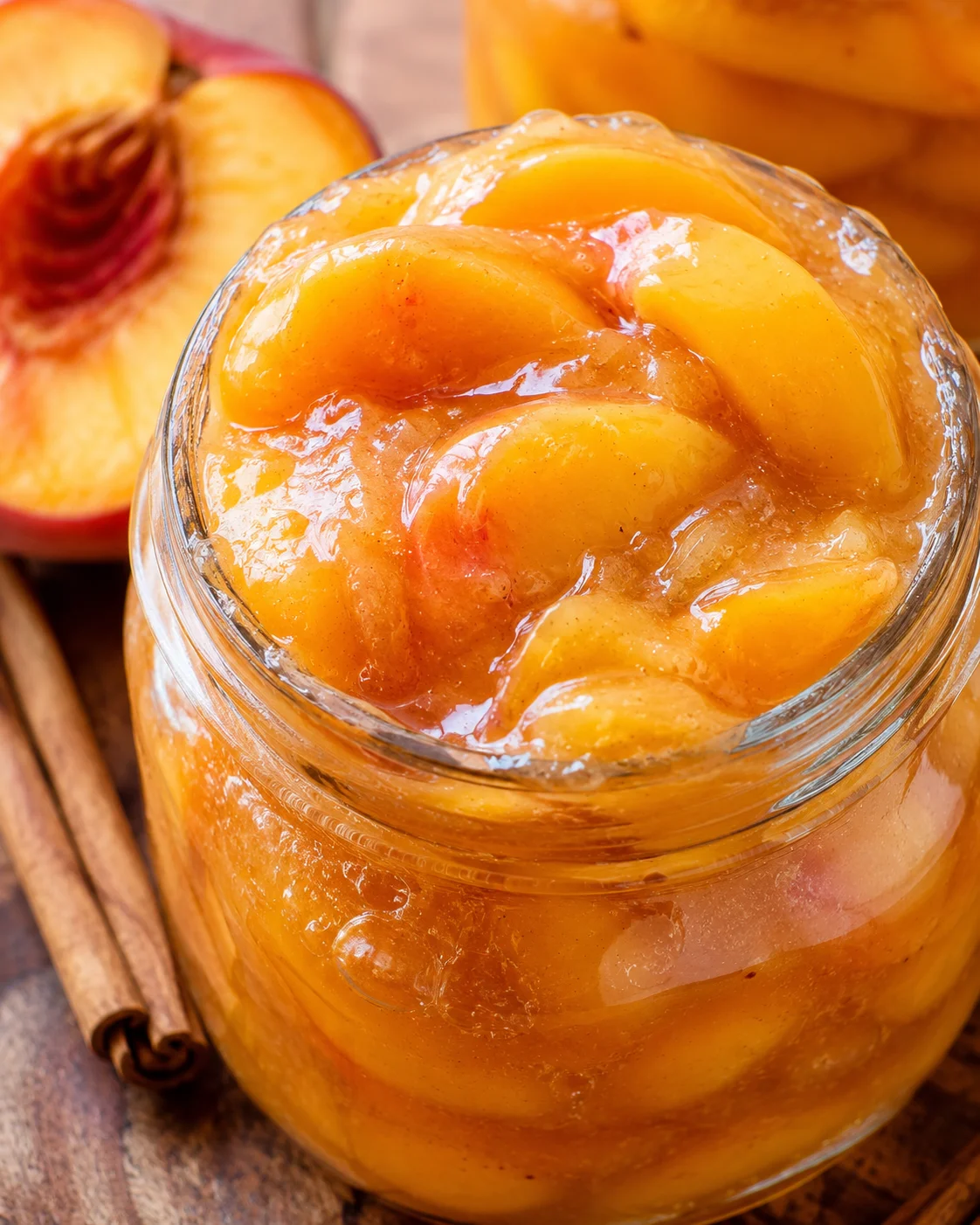 Close-up of canned peach pie filling in a glass jar with peeled peaches inside