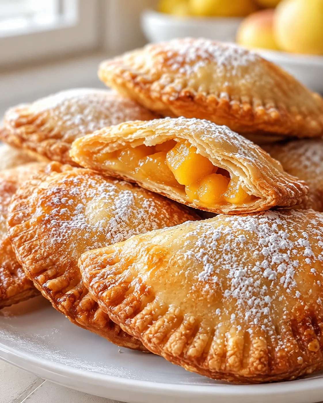 Golden fried peach and apple pies filled with juicy fruit, dusted with powdered sugar.