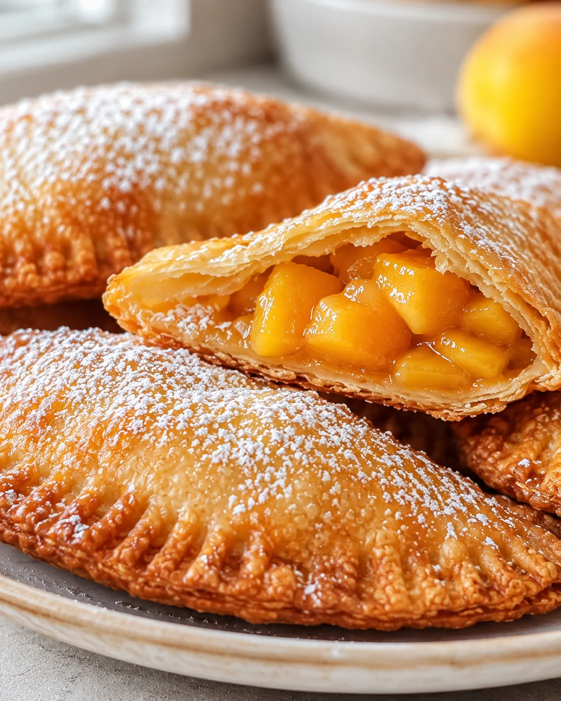 Crispy golden fried fruit pies filled with juicy peaches or apples and dusted with powdered sugar