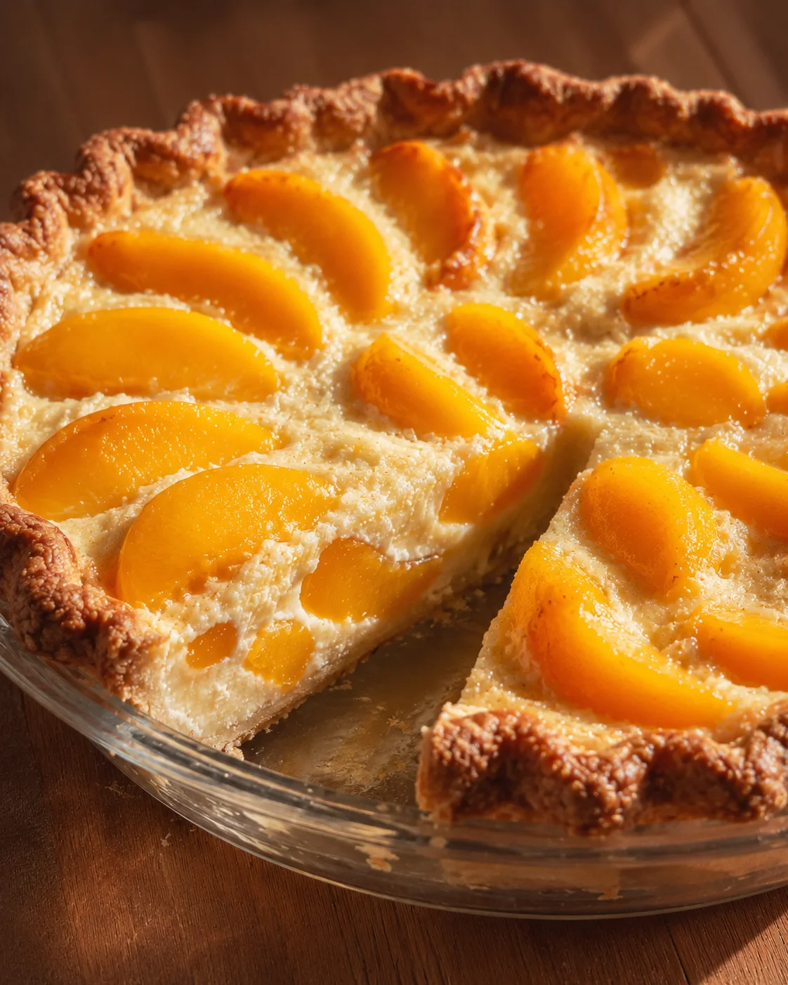 Peaches and Cream Pie Delicious peaches and cream pie topped with fresh peach slices and a golden crust.
