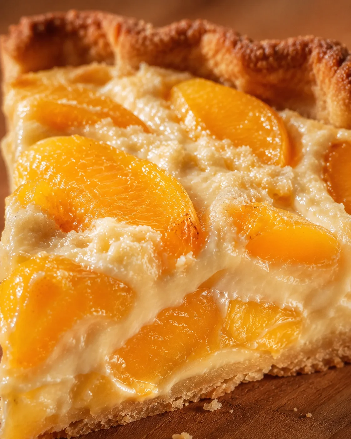 Peaches and Cream Pie Close-up of a freshly baked peaches and cream pie with sliced peaches on top.
