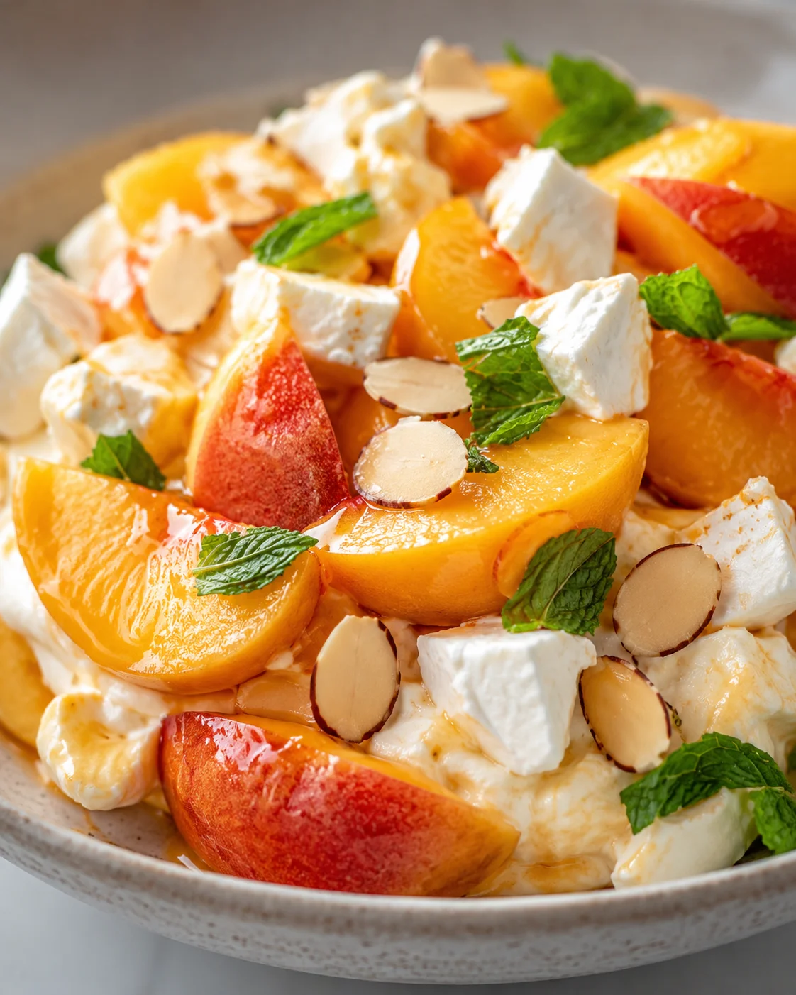 Peaches and Cream Salad Fresh peaches with whipped cream, almonds, and mint leaves in a bowl.