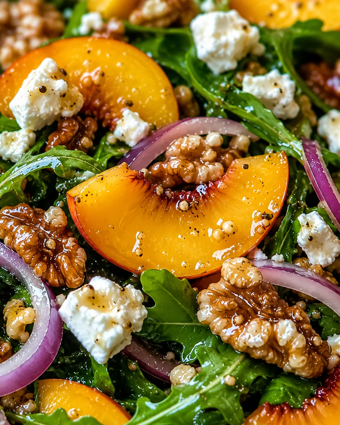 Colorful salad with juicy peaches, arugula, feta cheese, nuts, and balsamic dressing.