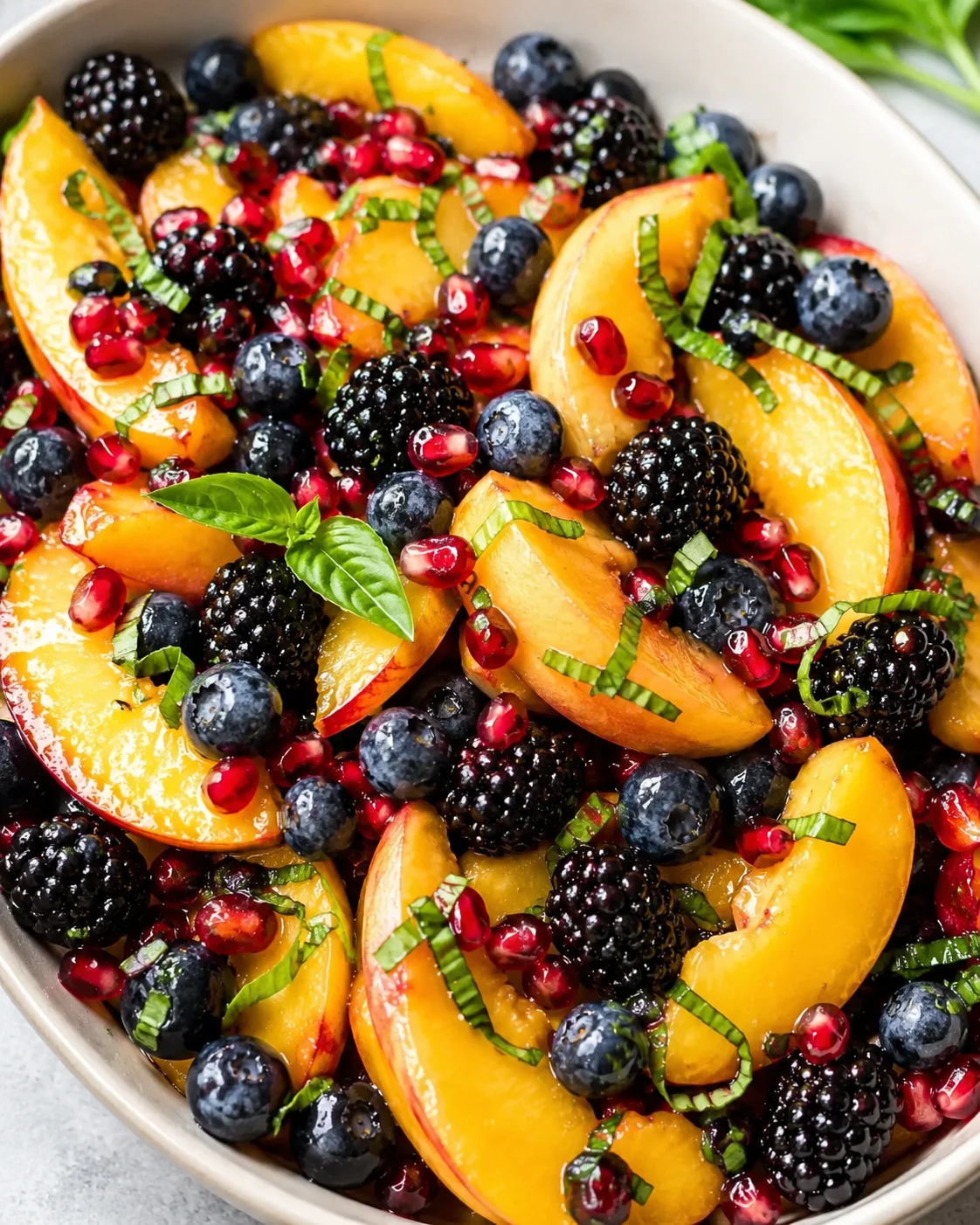 Colorful honey lime basil peach salad with berries and pomegranate seeds.