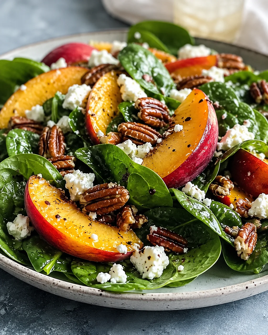 Colorful peach salad with greens, crumbled cheese, and toasted pecans on a plate
