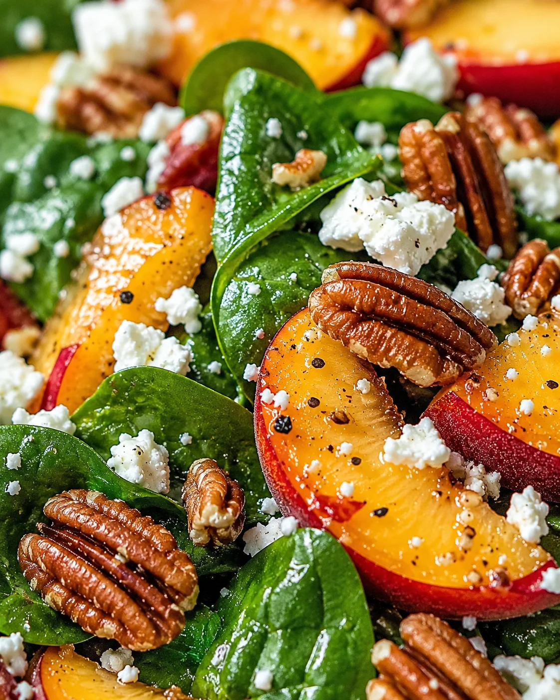 Colorful peach salad featuring ripe peaches, leafy greens, nuts, and feta cheese.