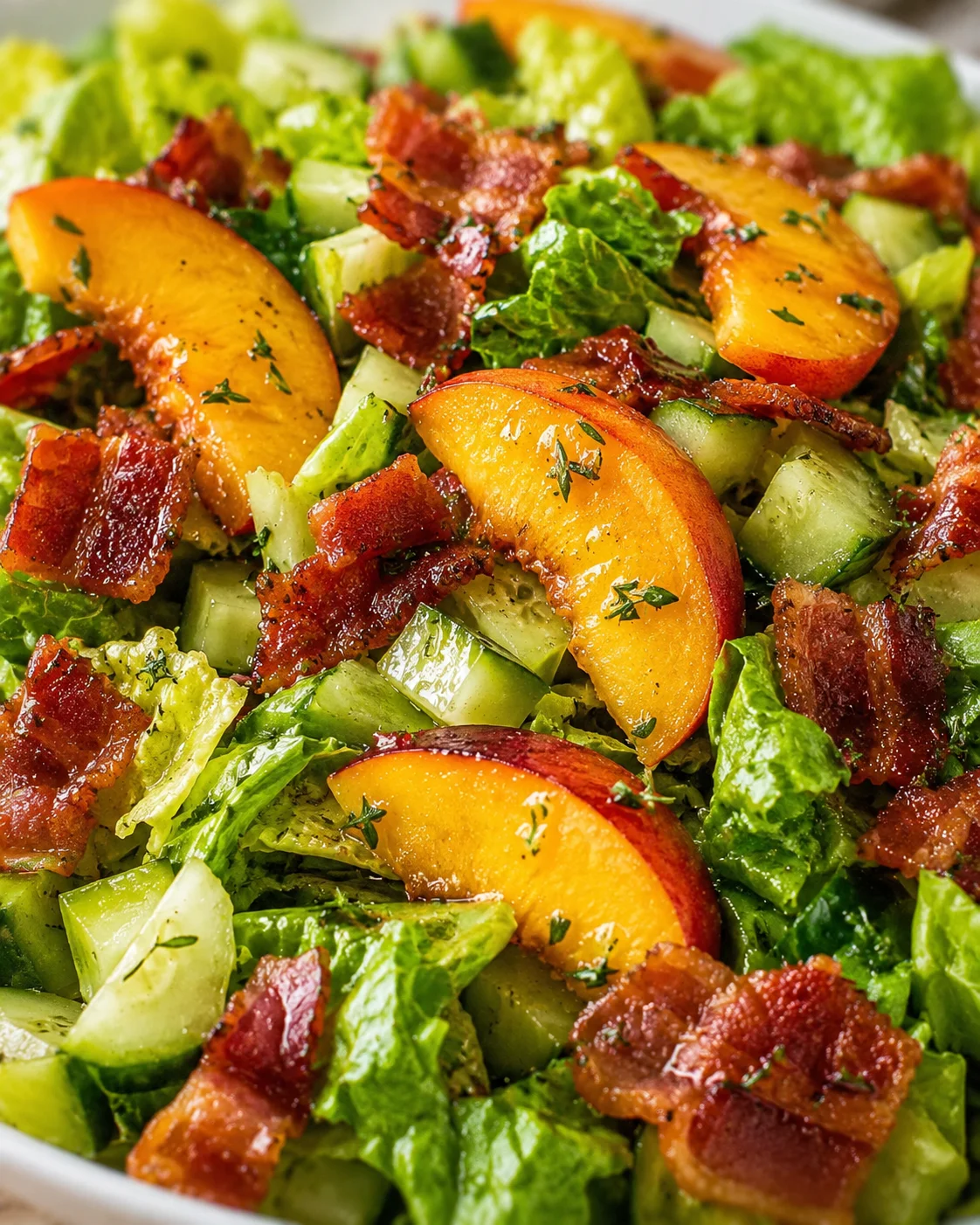 Fresh peach, crispy bacon, and crisp cucumbers salad with honey lemon dressing