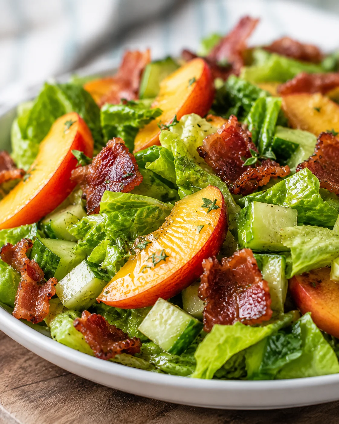 Fresh peach salad with bacon, cucumbers, and herbs drizzled with honey lemon vinaigrette