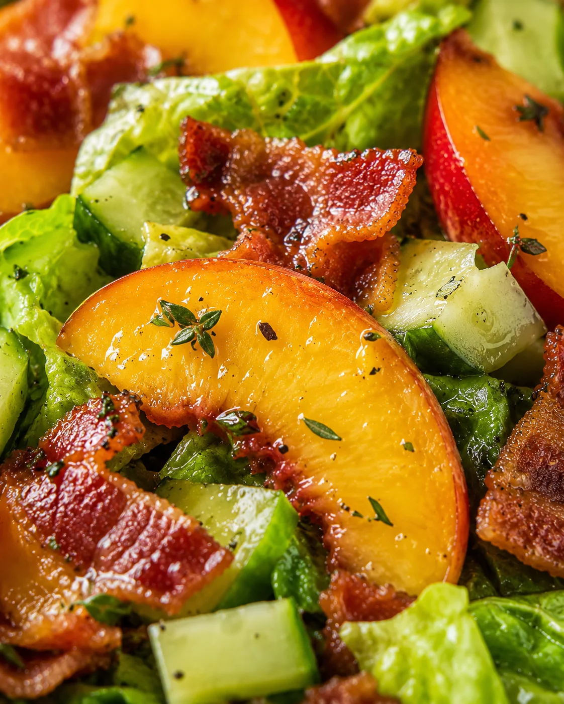 Close-up of a fresh salad with peaches, crispy bacon, and vibrant greens