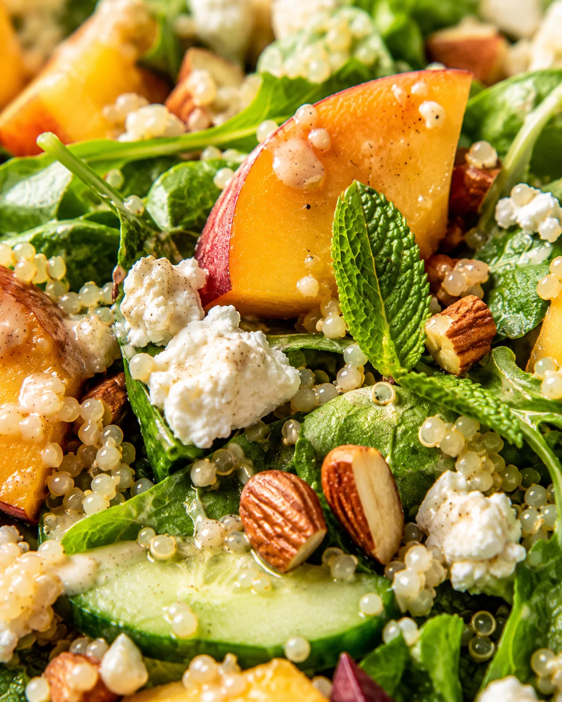 Close-up of a fresh peach and goat cheese salad with almonds and herbs