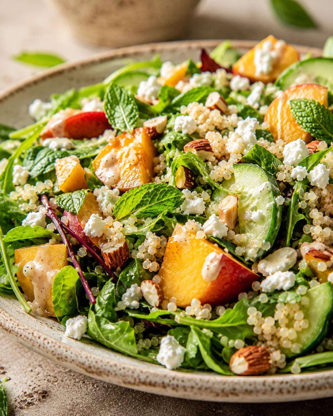Fresh peach and goat cheese salad with greens, almonds, and herbs on a rustic plate