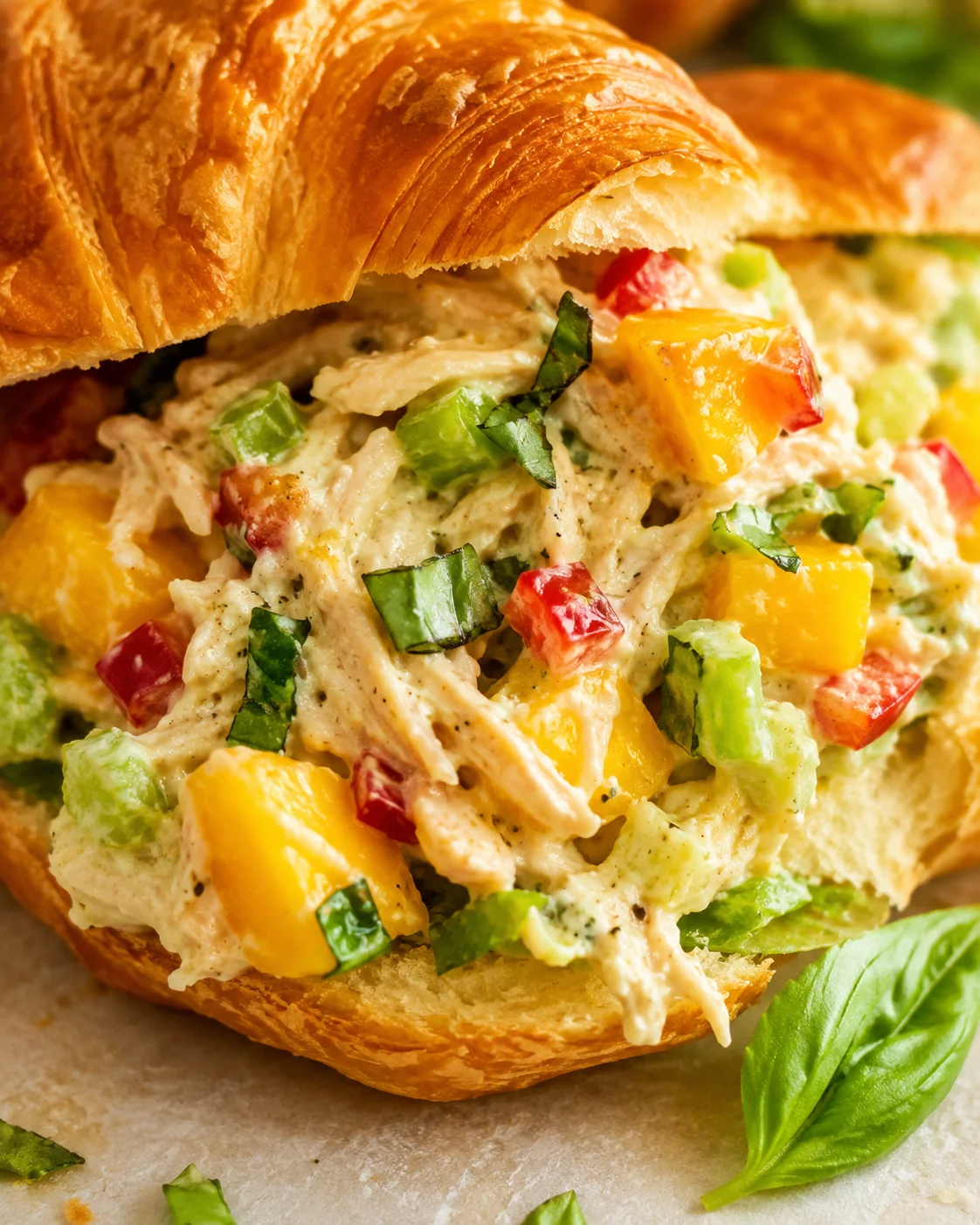 Peach Basil Chicken Salad Delicious peach chicken salad with fresh basil served in a croissant