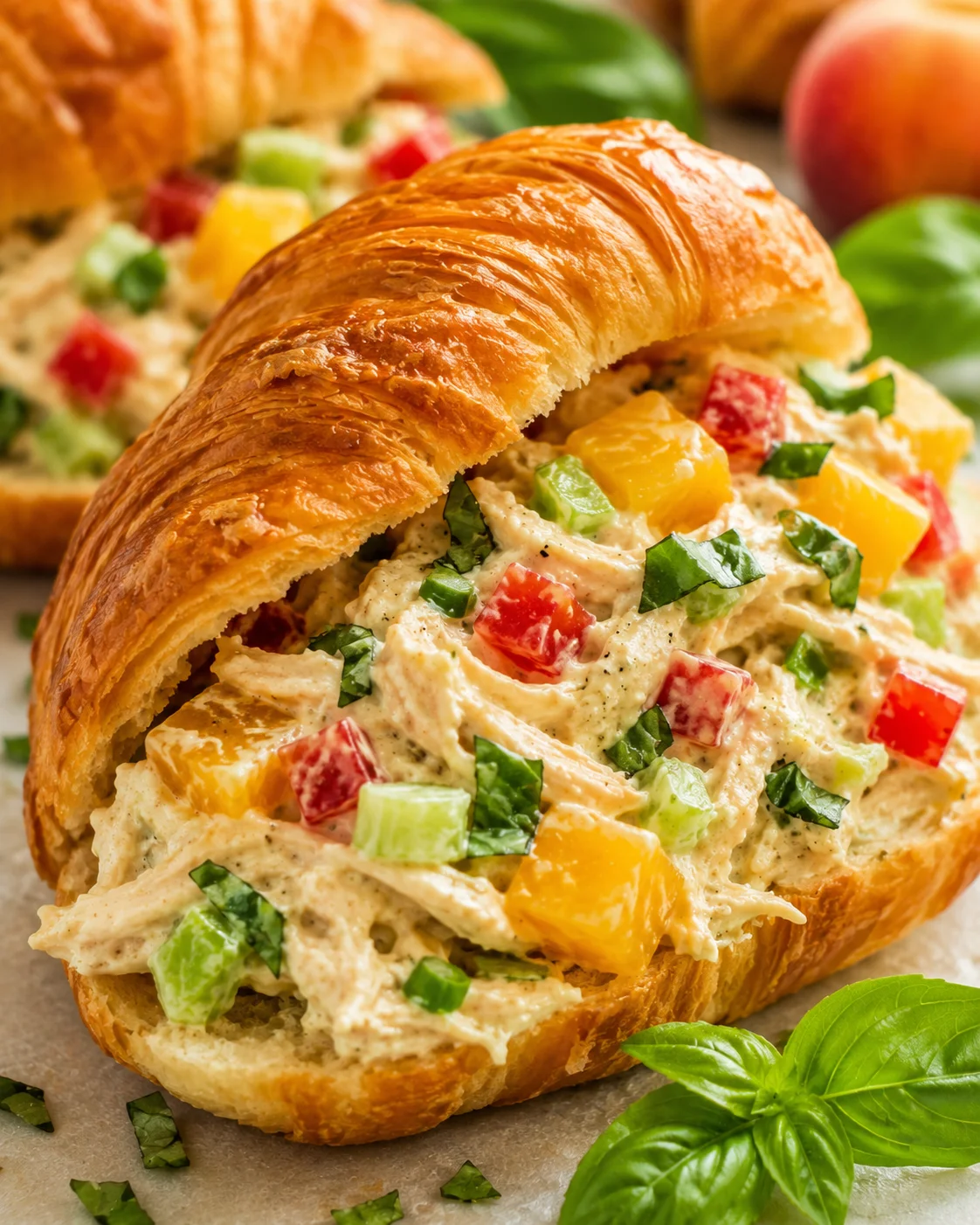 Peach Basil Chicken Salad Close-Up Croissant filled with peach chicken salad garnished with fresh herbs and colorful vegetables