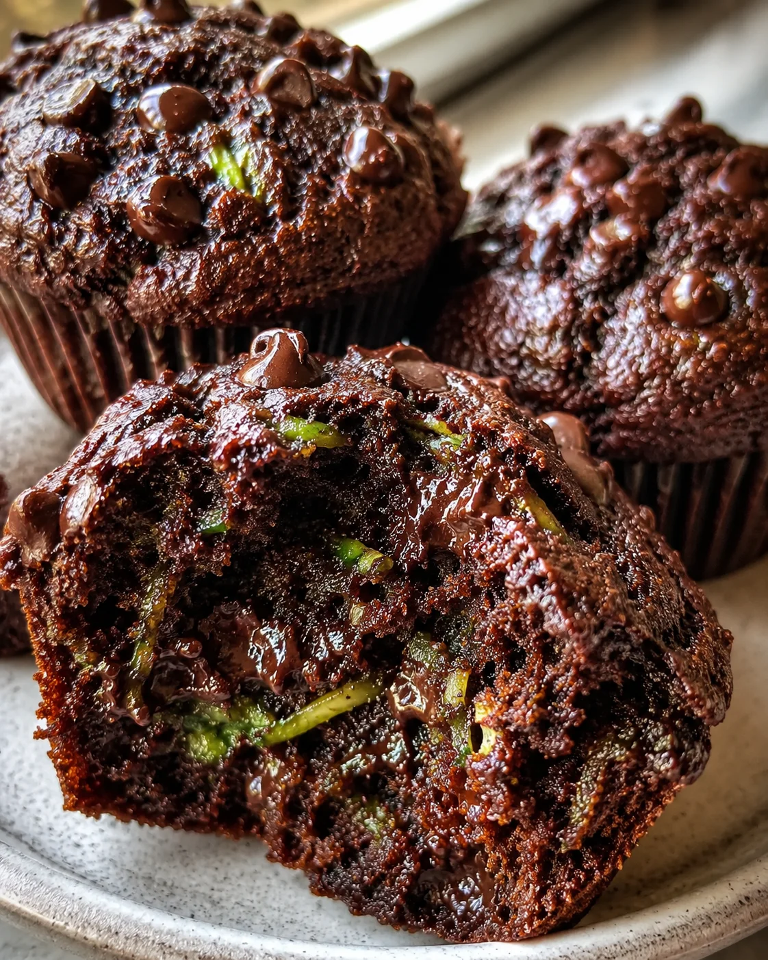 Delicious, moist zucchini chocolate muffins with gooey chocolate chips and veggie secret
