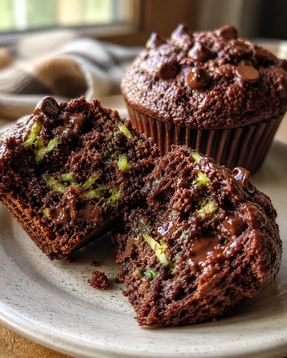 Delicious moist zucchini chocolate muffins with gooey chocolate chips and veggie inside.