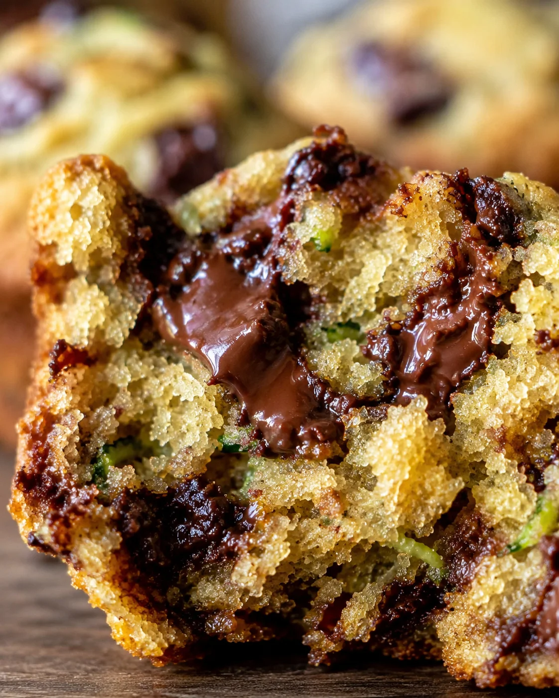 Zucchini Chocolate Chip Muffins Close-up of a moist zucchini chocolate chip muffin with melted chocolate inside