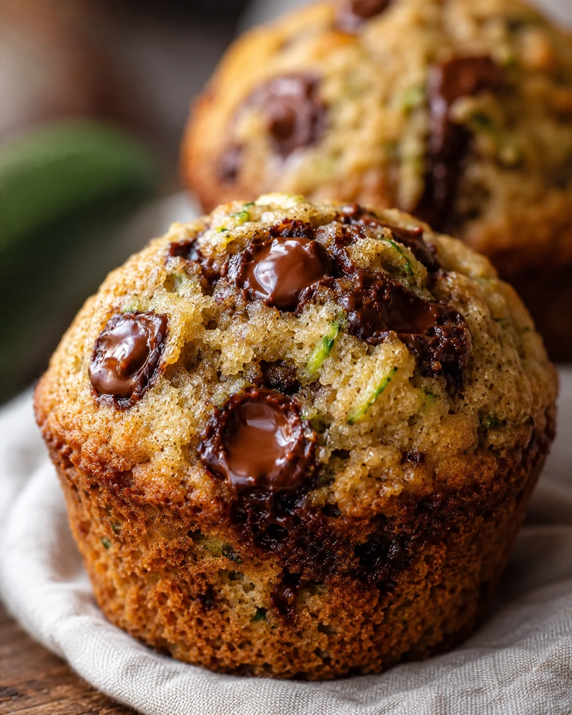 Zucchini Chocolate Chip Muffins Freshly baked zucchini chocolate chip muffins with melty chocolate and spices.