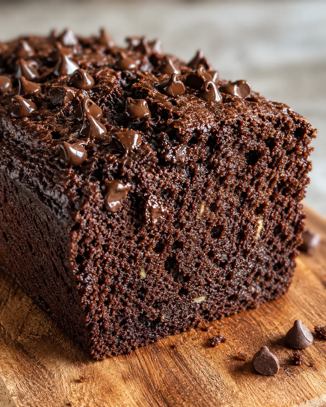 Chocolate Zucchini Bread with Mini Chips Delicious, moist chocolate zucchini bread topped with mini chocolate chips on a wooden surface