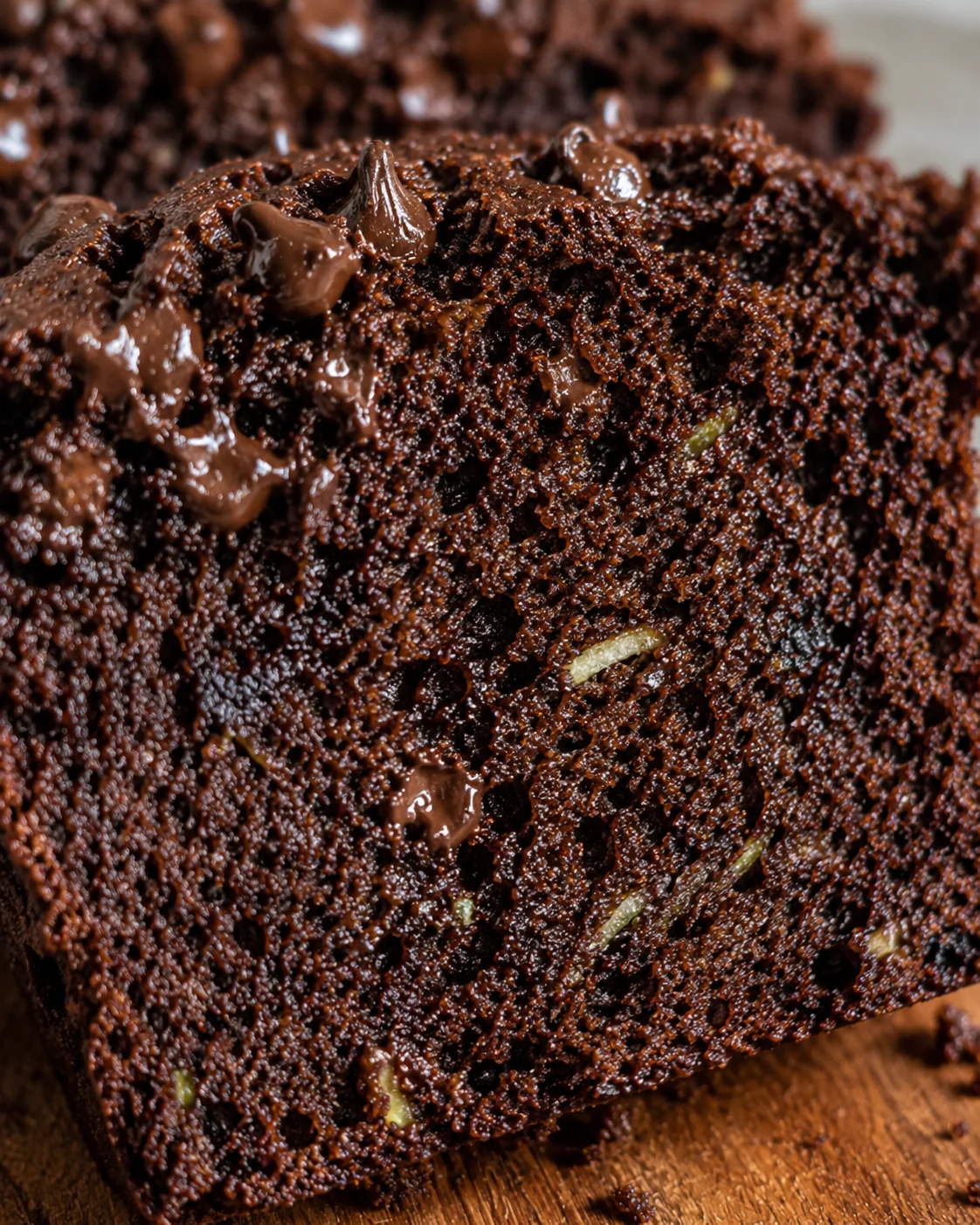 Chocolate Zucchini Bread with Mini Chips Close-up of moist, chocolate zucchini bread topped with mini chocolate chips