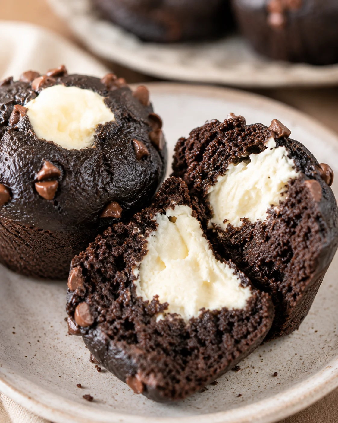 Delicious chocolate muffins with creamy cheesecake centers, topped with chocolate chips.