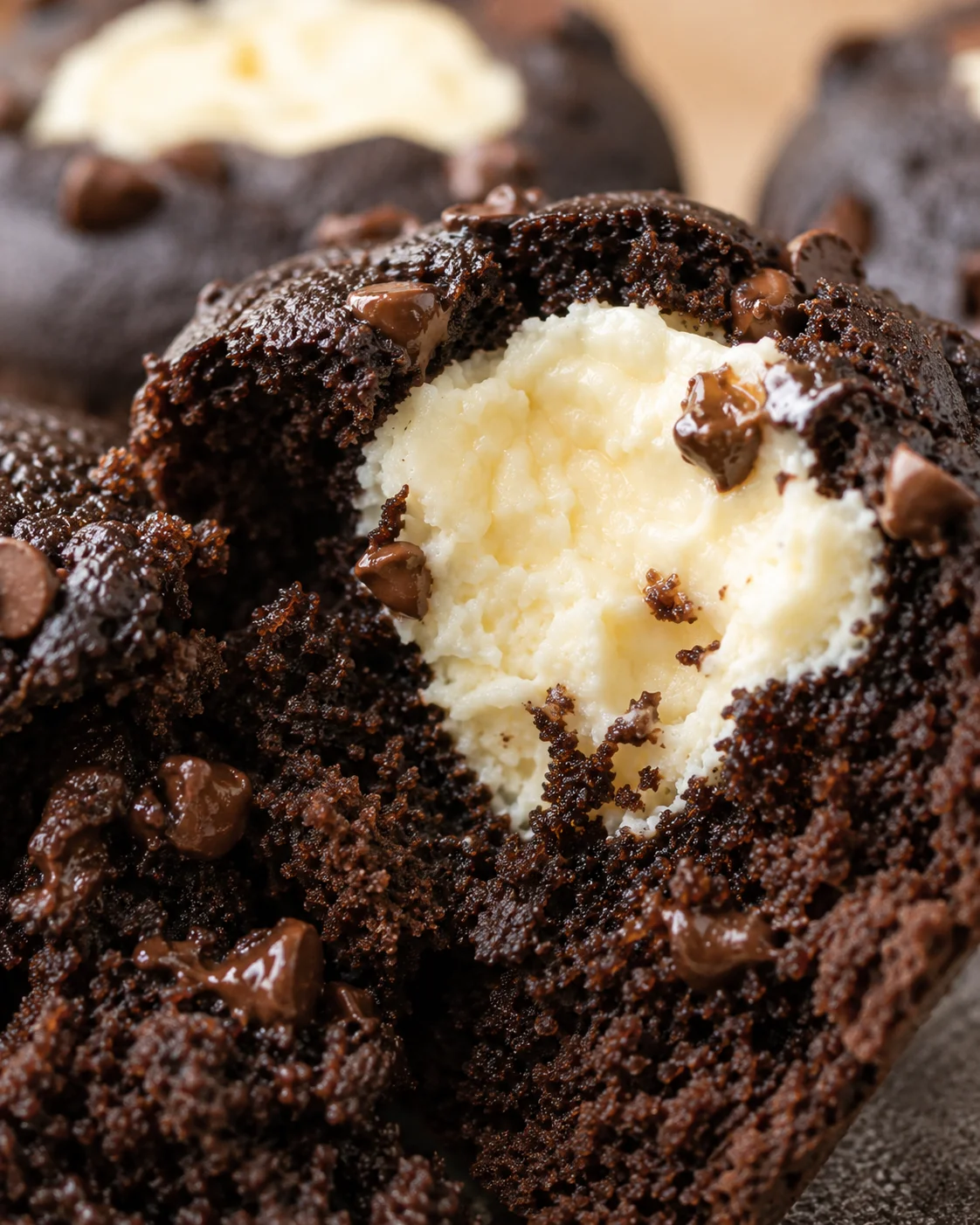 Delicious chocolate zucchini muffins with creamy cheesecake center and chocolate chips.