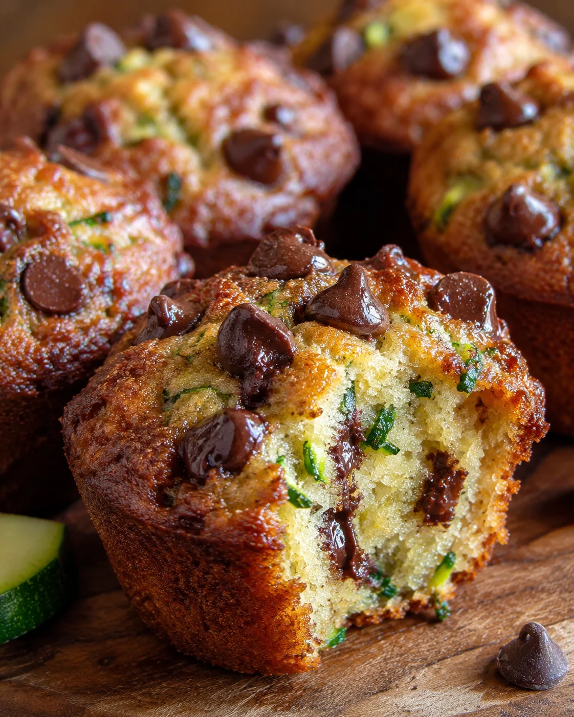 Close-up of moist zucchini chocolate chip muffins with gooey chocolate chips on top