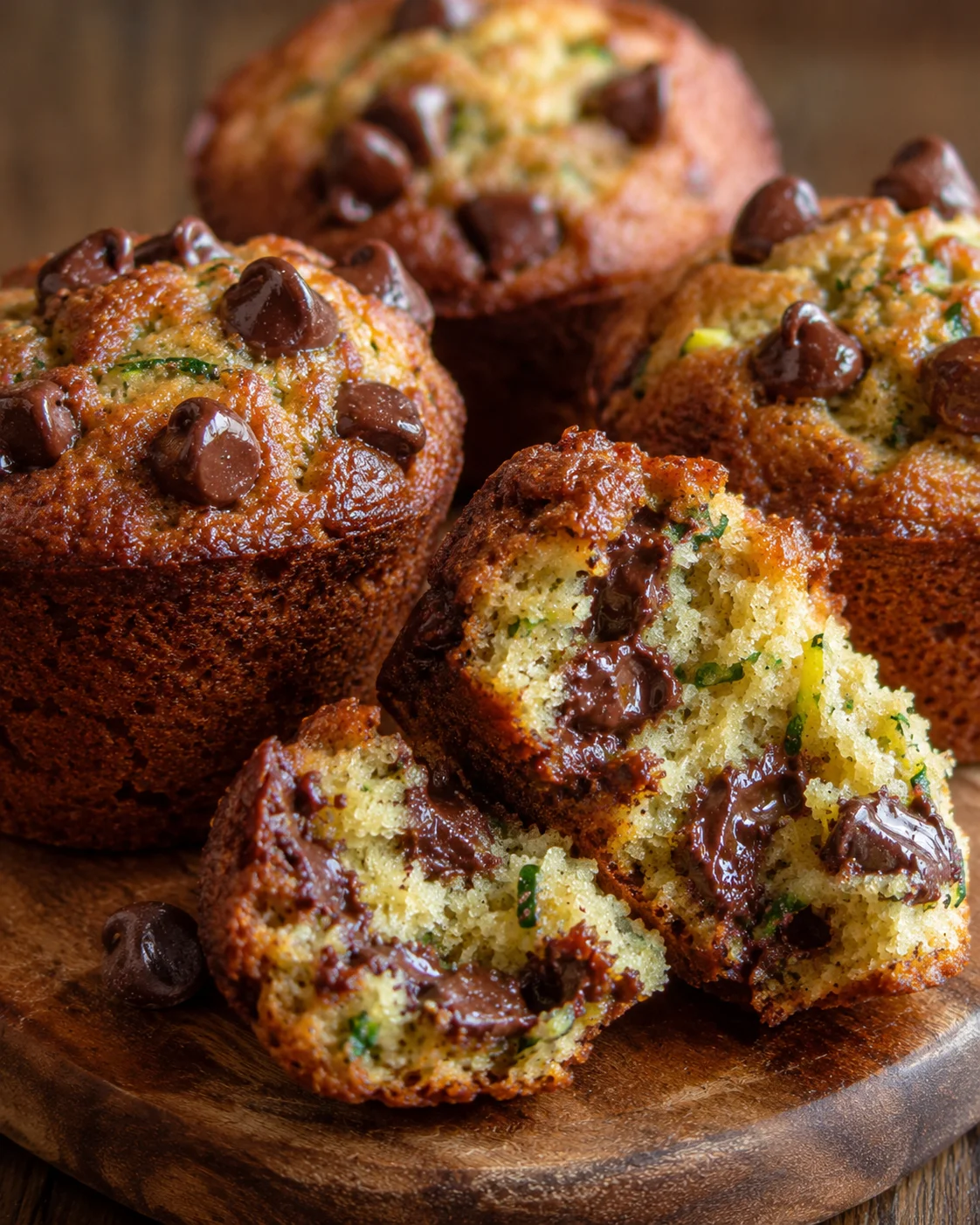 Close-up of freshly baked zucchini chocolate chip muffins on a wooden surface