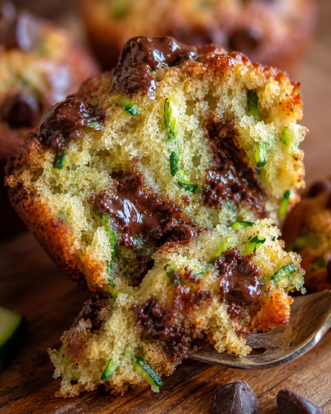 Close-up of a moist zucchini chocolate chip muffin with melted chocolate chips inside