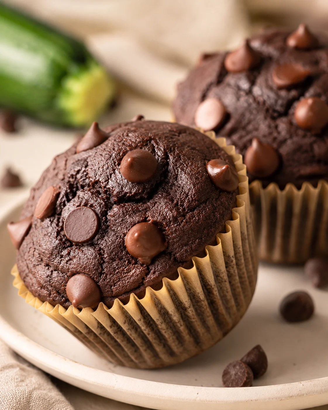 Vegan Chocolate Zucchini Muffins Close-up of moist chocolate zucchini muffins with chocolate chips on top