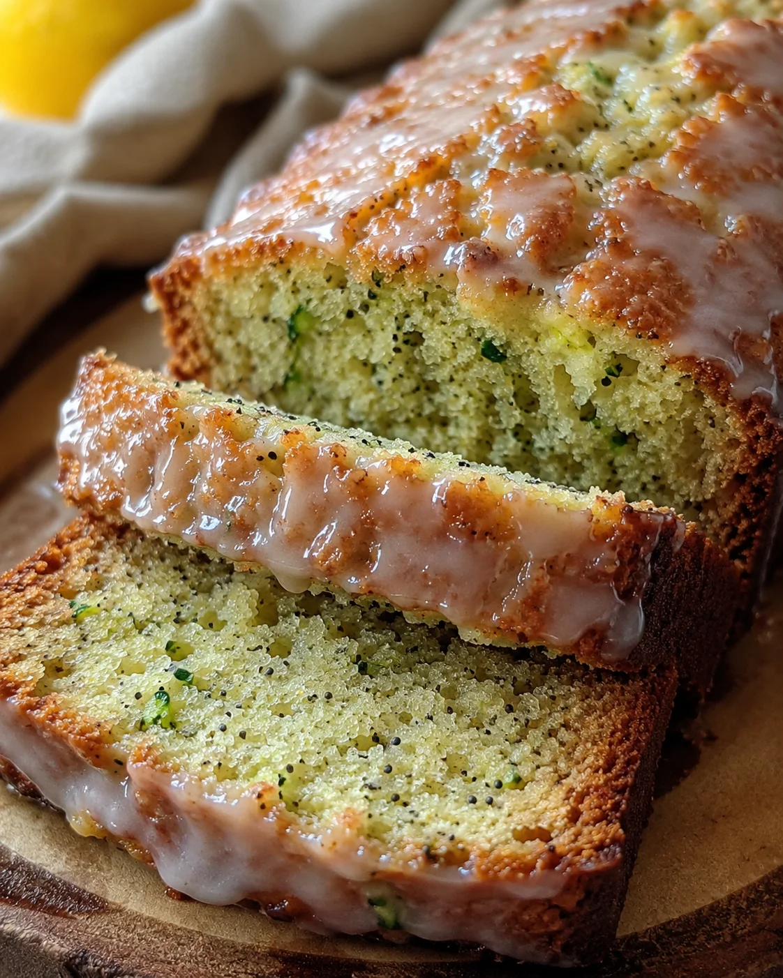 Close-up of moist lemon poppyseed zucchini bread with glaze on a cutting board